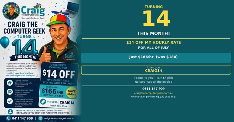 Craig the Computer Geek Turns 14 — $14 Off All Hourly Rates This July 2026